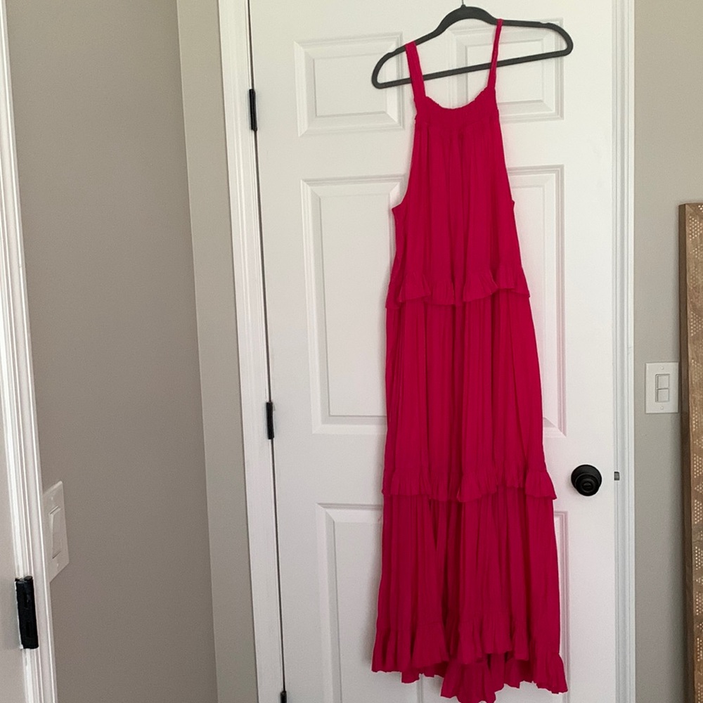 Impressions Boutique Hot Pink Ruffle Maxi Dress with Halter Neckline